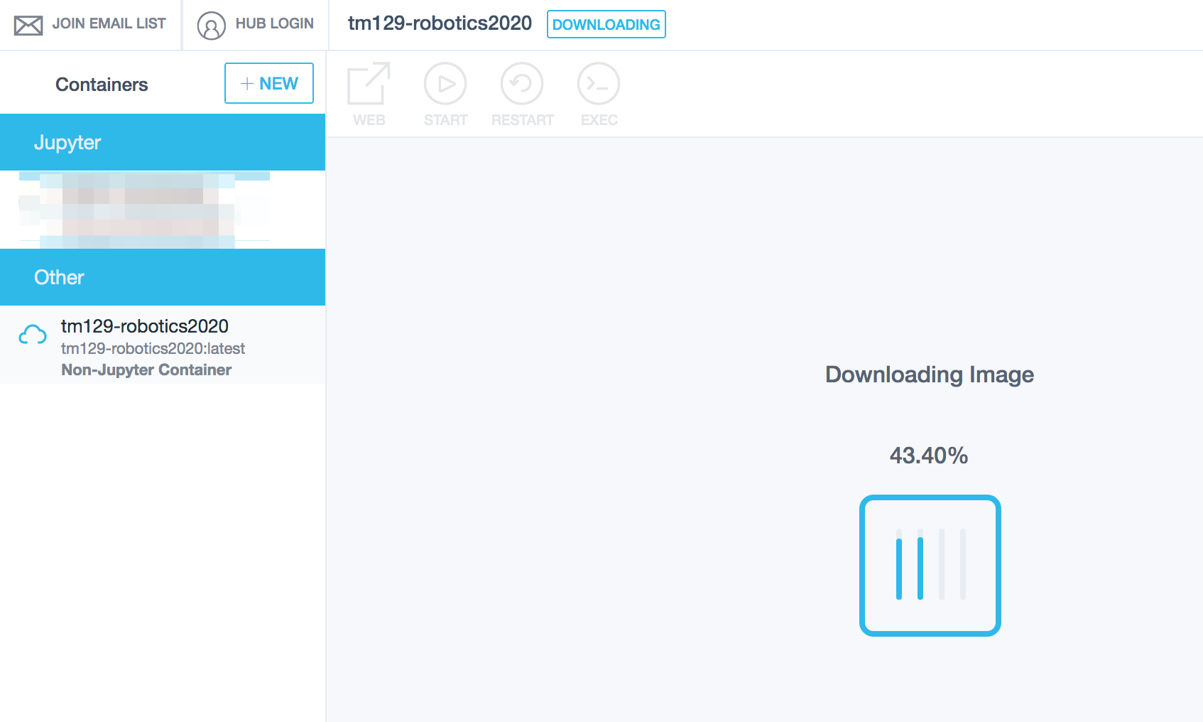 Screenshot showing the ContainDS Docker image download progress display indicating the percentage completion of one of the layers in the current download.
