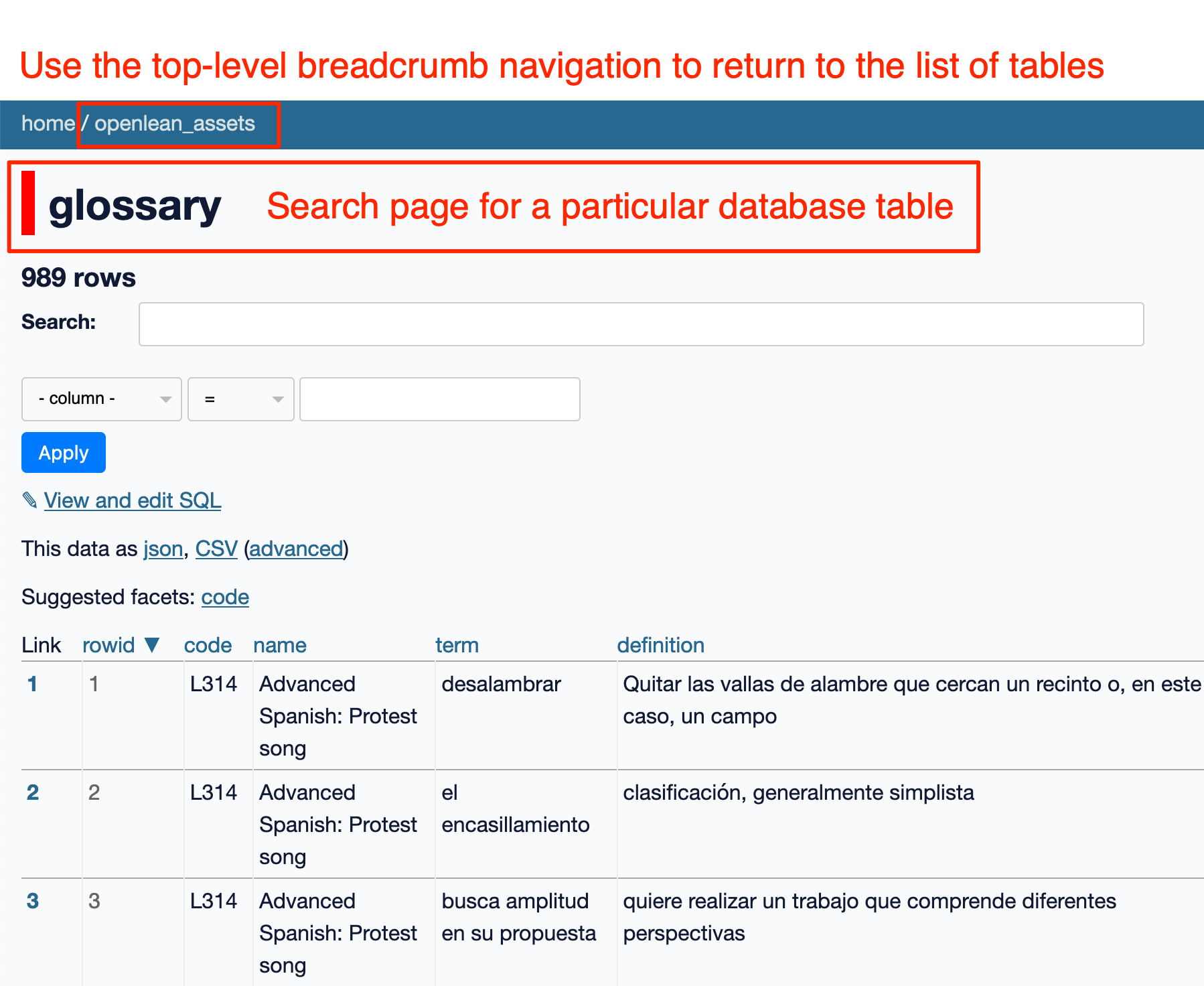 Breadcrumb avigation in datasette