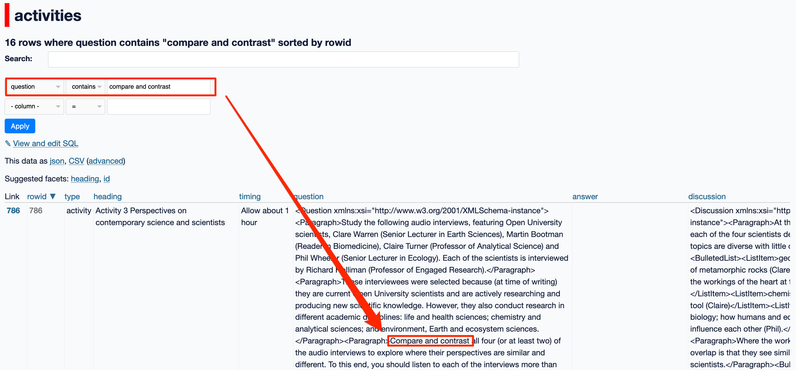 Using datsette UI to search for a particular column that contains a particular value.