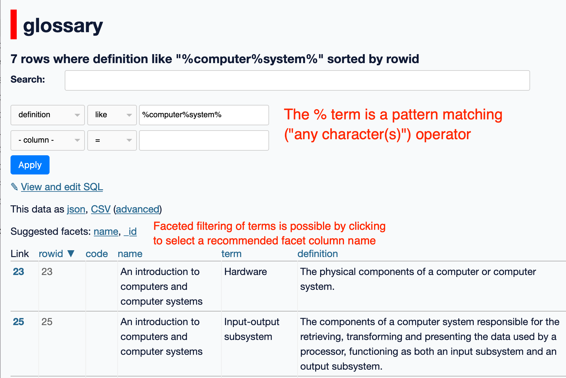 Screenshot of datasette column search and facet recommendation