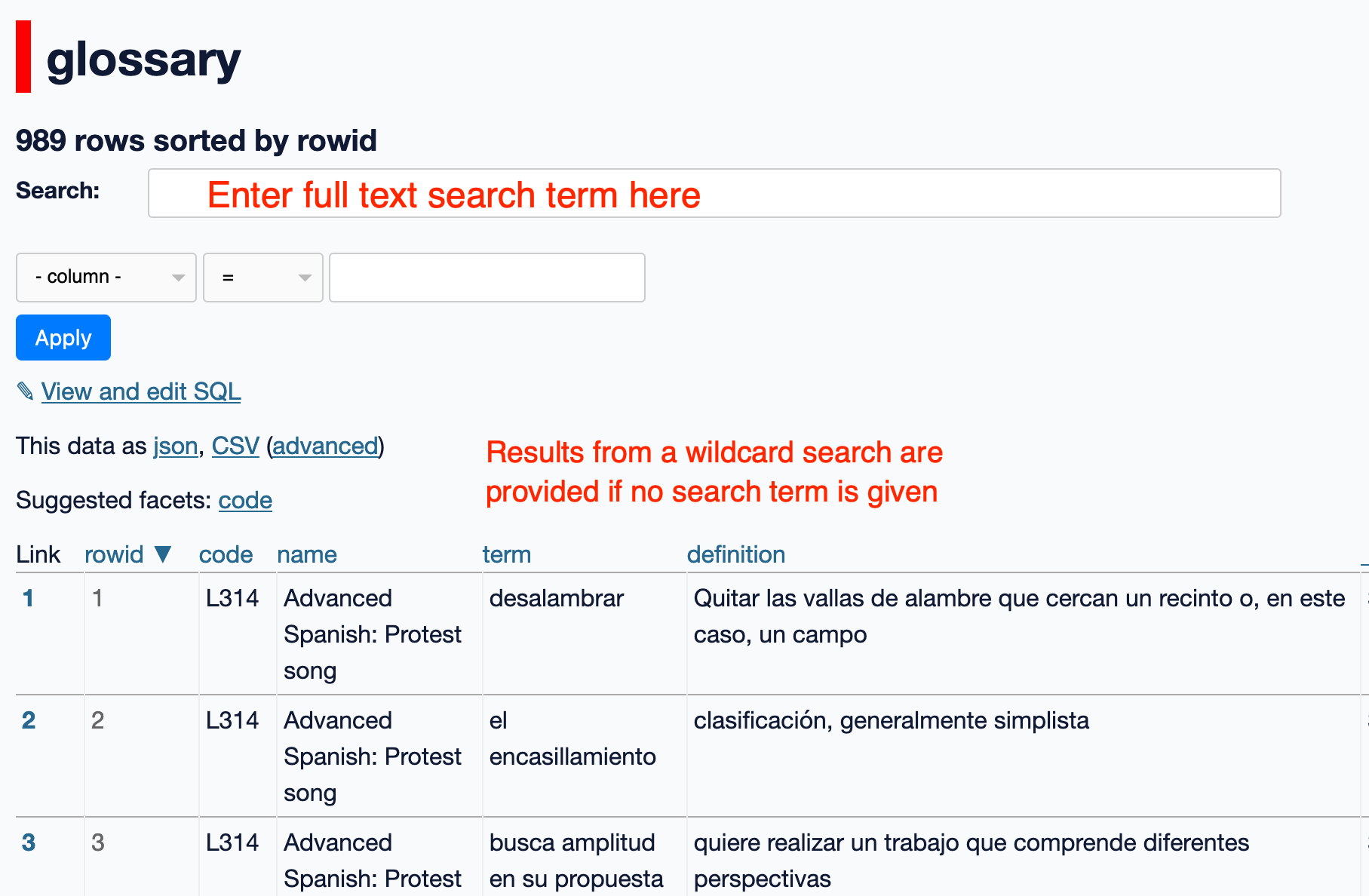 Screenshot of default datasette OpenLearn scrape glossary database table