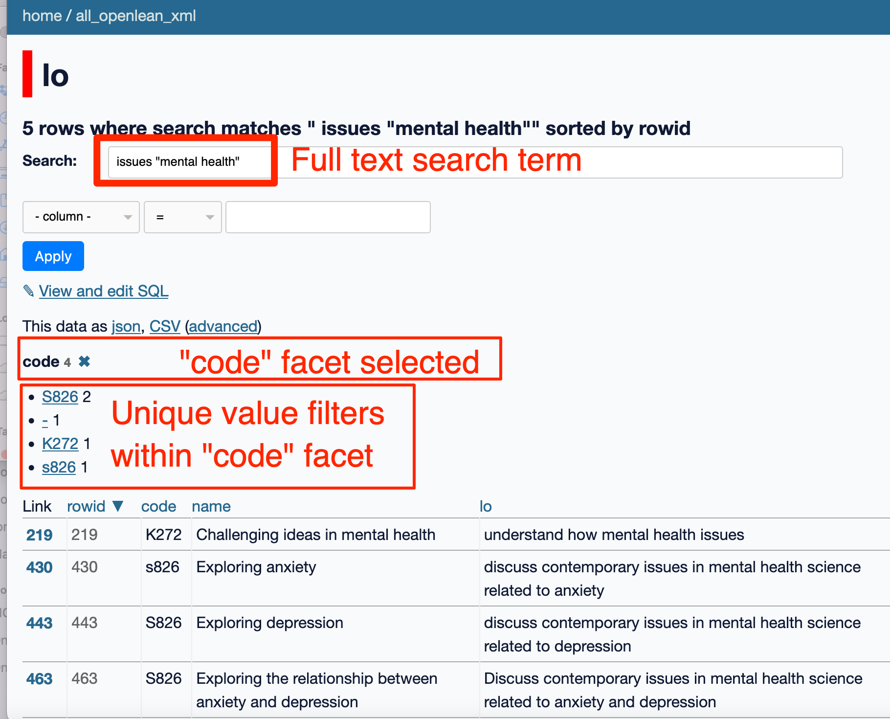 datasette lo table showing a full text search term and code facet selected