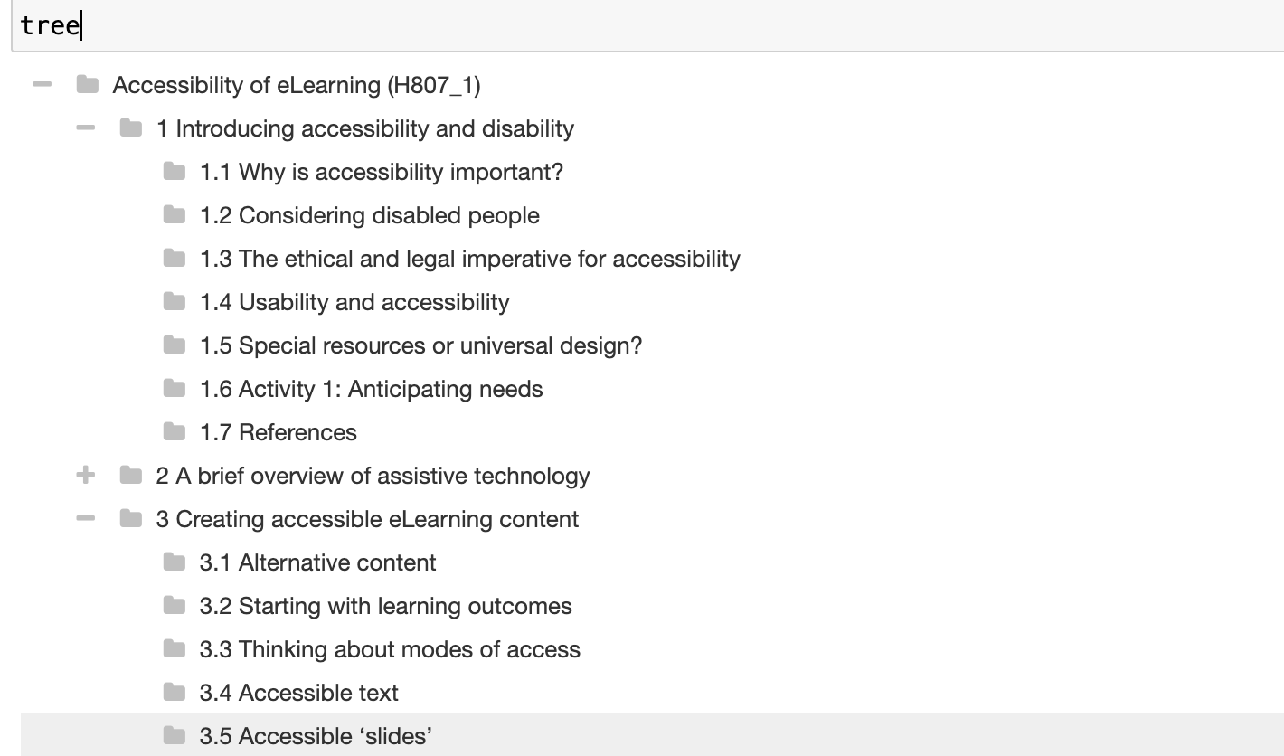 Screenshot of ipytree tree widget output showing the expnaded table of contents for one section of an OpenLearn Unit and a collapsed view of another.