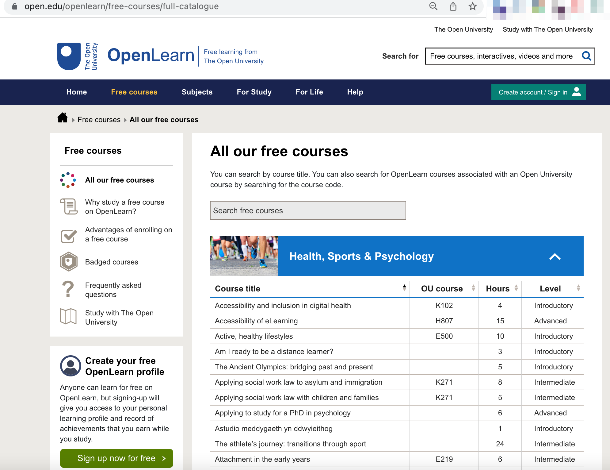 Screenshot of OpenLearn full unit catalogue