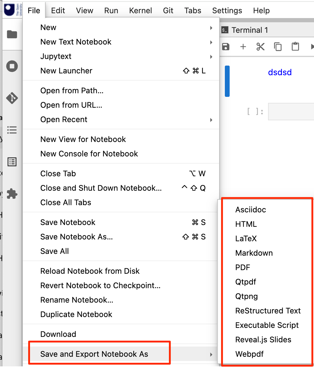 Screenshot of JuptyerLab File menu showing notebook file export/save as options