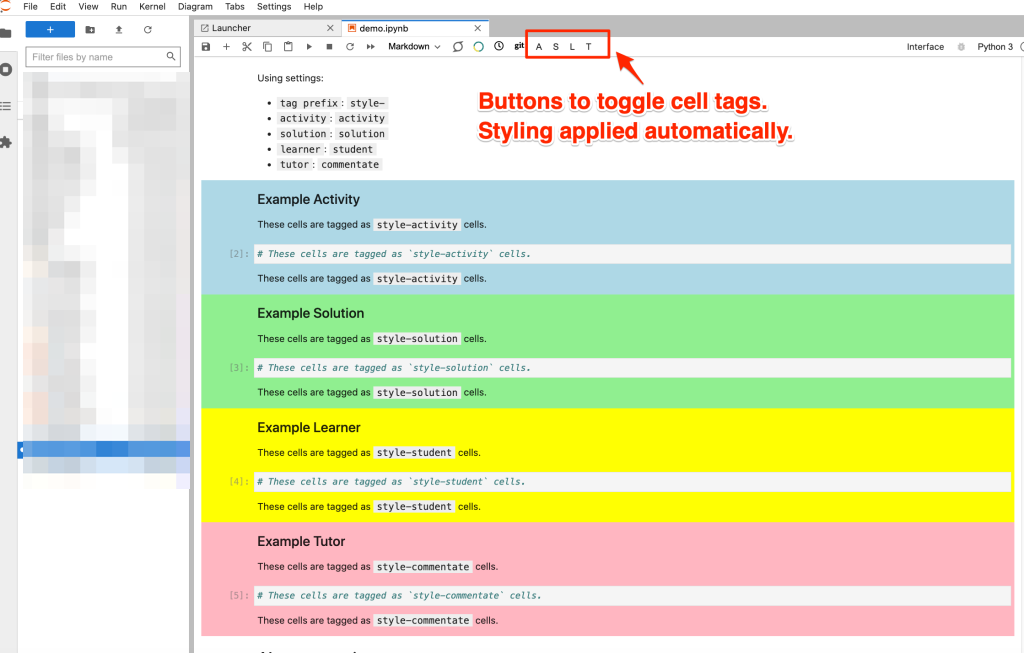 JupyterLab empinken - showing toolbar buttons and coloured cell backgrounds on tagged cells