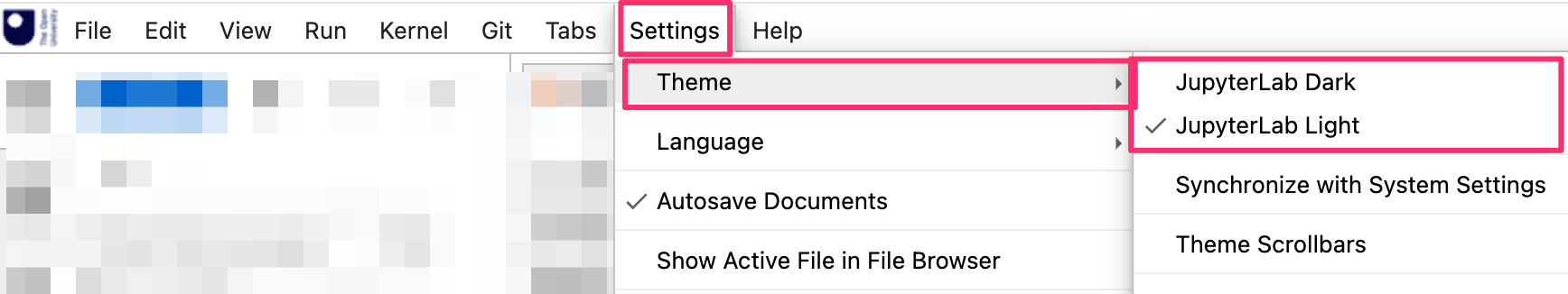 Jupyter Lab menu option: settings > theme