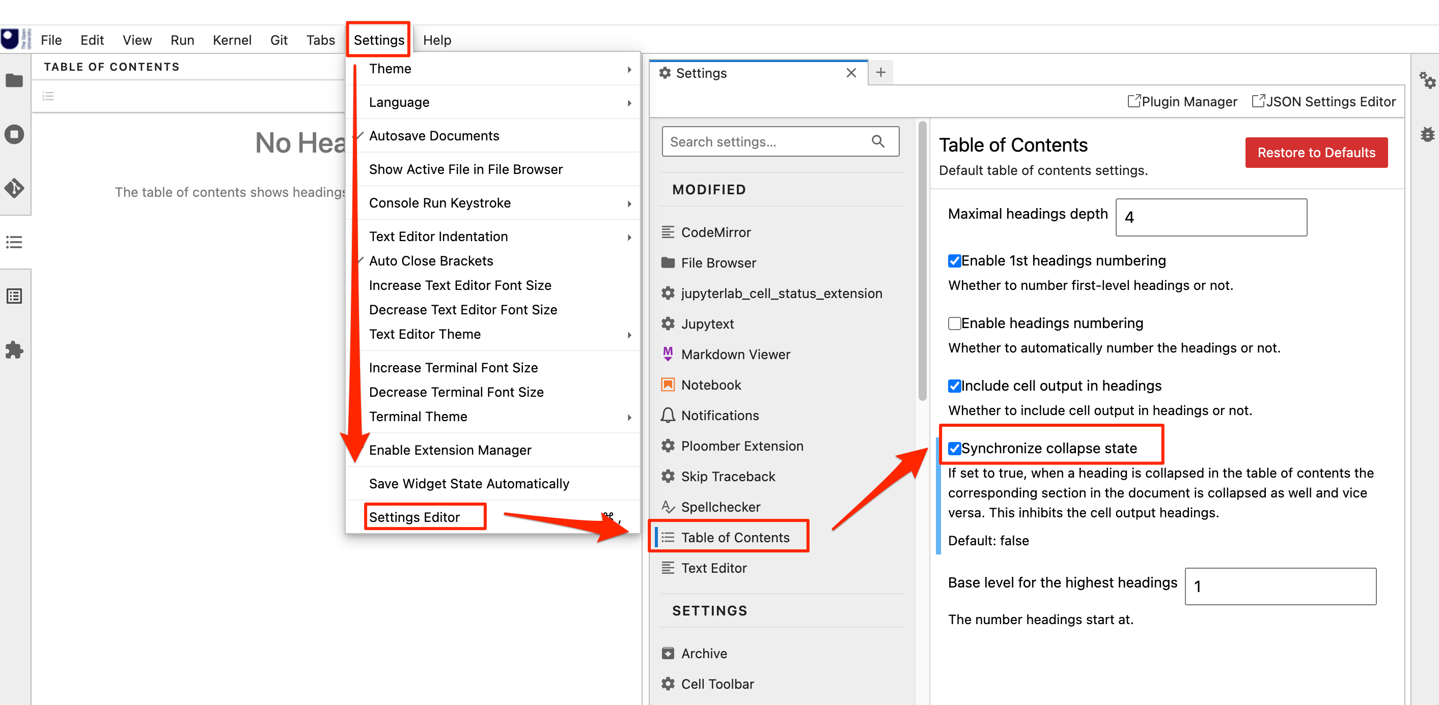 Table of contents setting from Settings > Settings Editor menu, showing Synchornize collapse state checkbox