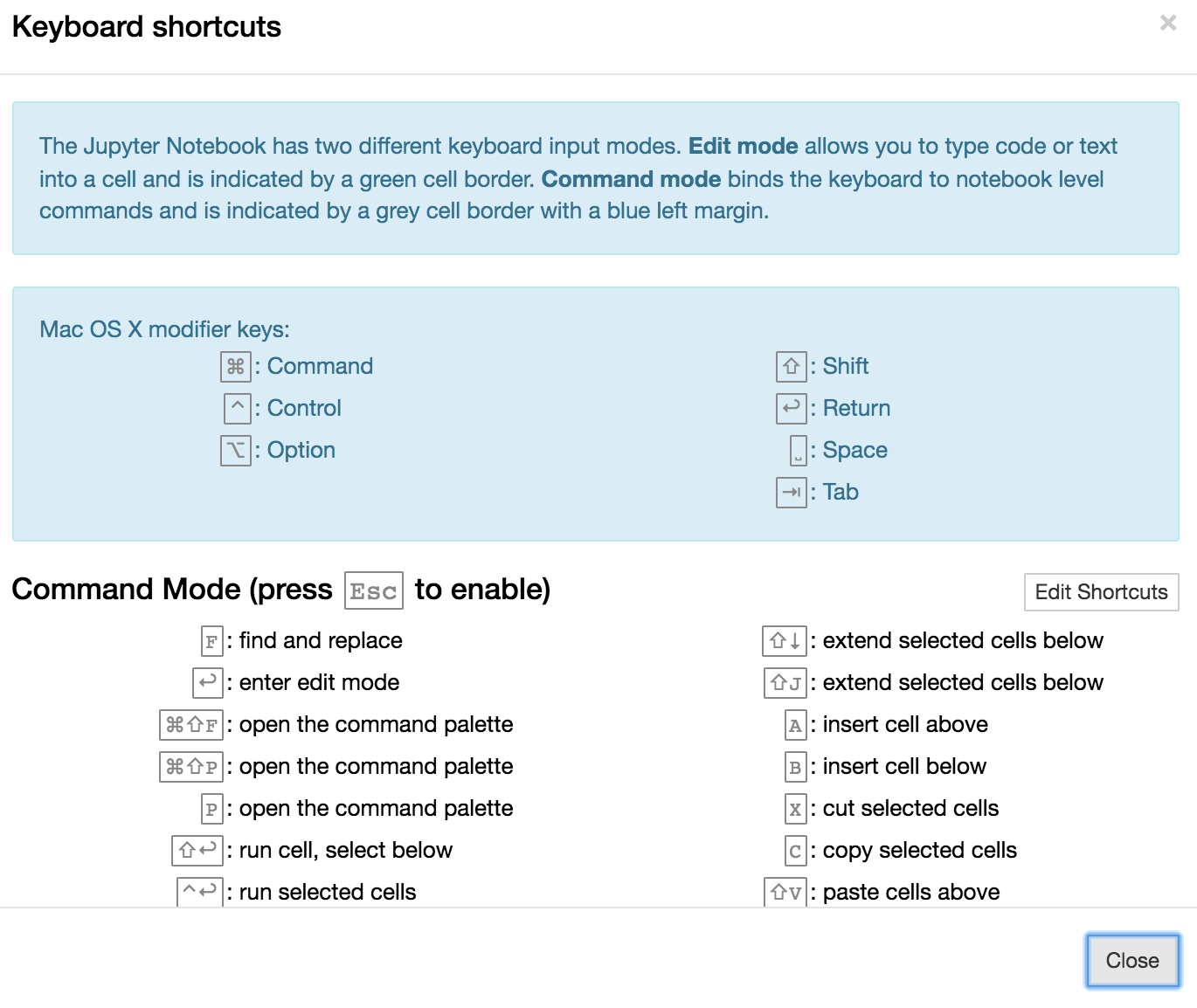 Screenshot of the Jupyter keyboard shortcuts help page previewing the Command Mode cell options.
