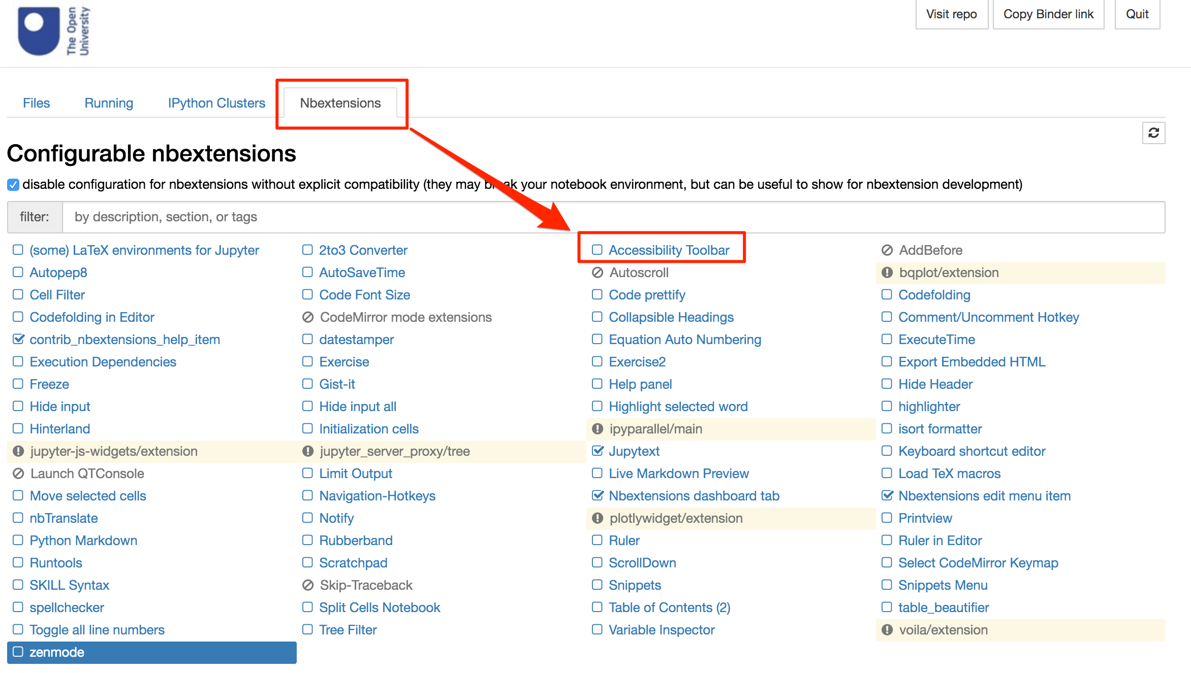 Screenshot of the nbextensions confgurator showing the location of the Accessibility Toolbar.