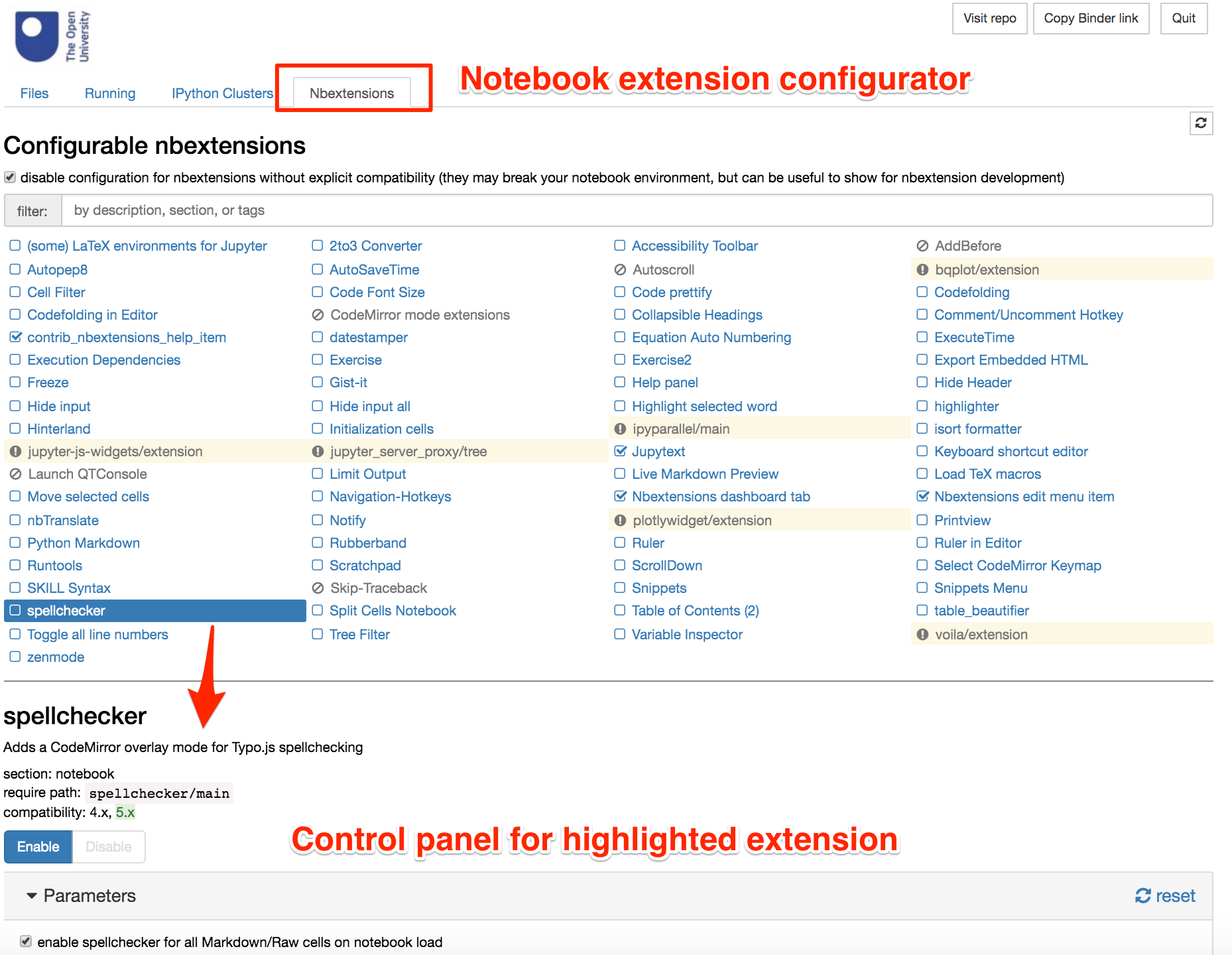 Screenshot of Jupyter nbextensions configurator page, showing conficuration panel for a selected extension.