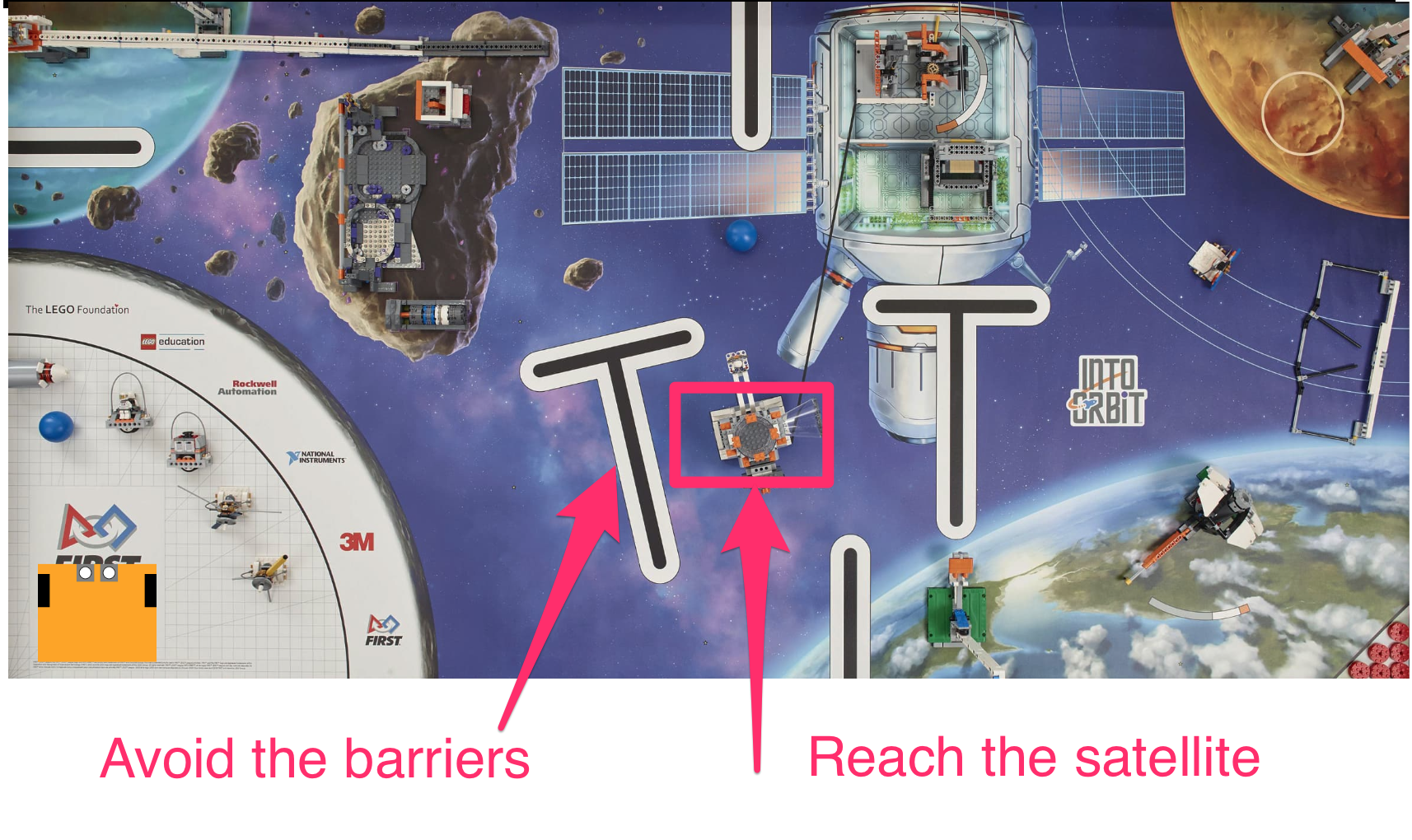 Space scene showing the robot, some satellites against a ‘space’ background, and some wall-like obstacles between the robot’s starting point and a target satellite.