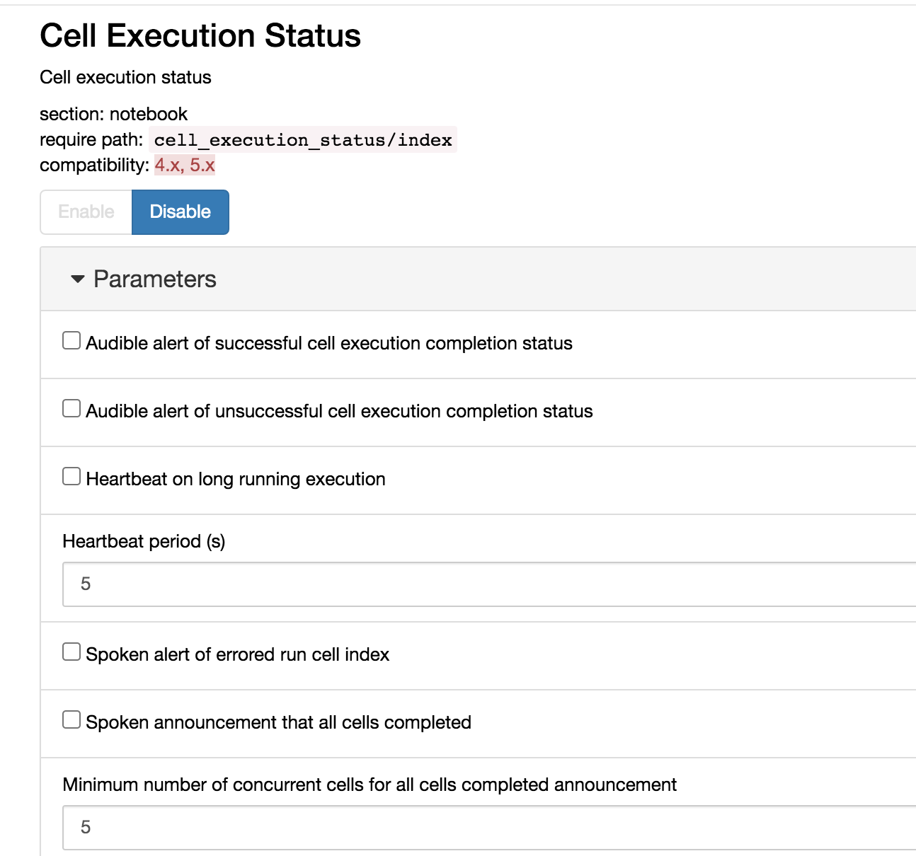 Screenshot showing the cell execution status configuration options, as listed in main text below this image.