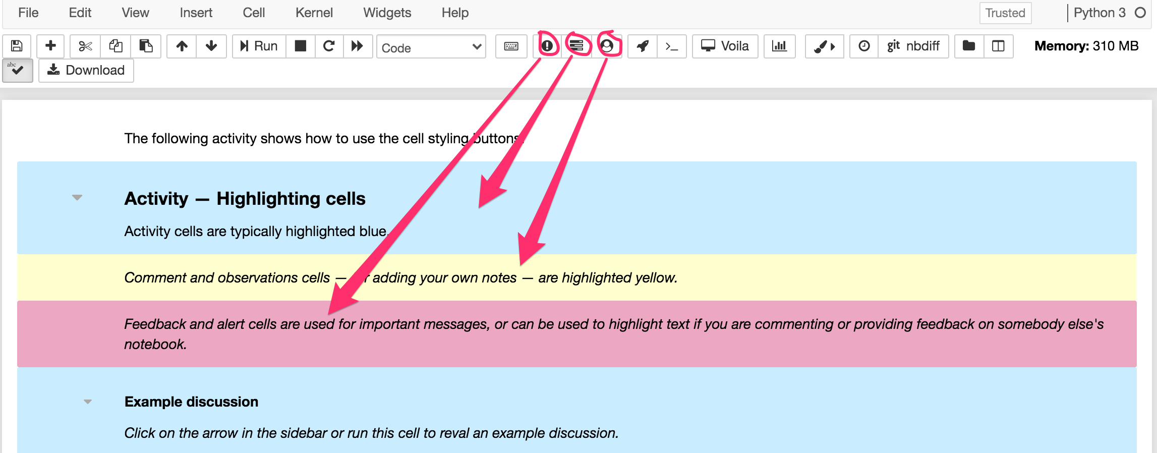 Screenshot of empinken toolbar showing buttons used to highlight cell colours: exclamation mark button: pink feedback/alert comment; three lines / document button: blue activity cell; head and shoulders in black circle button: yellow student annotation cell