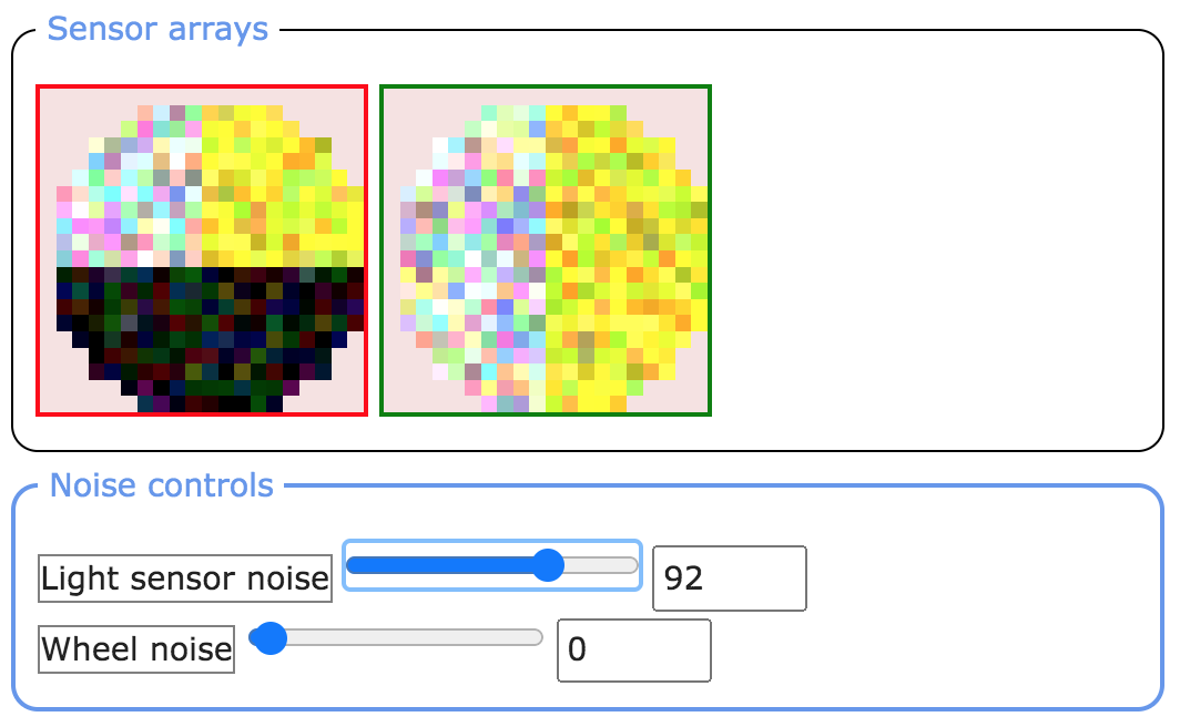 Screenshot of the simulator showing that the light sensor noise slider has been increased to a high value; the sensor array displays show lots of differently coloured pixels as a result of noise being added. Reducing the sensor noise level allows the pixel colour values to return the values detected from the background image.